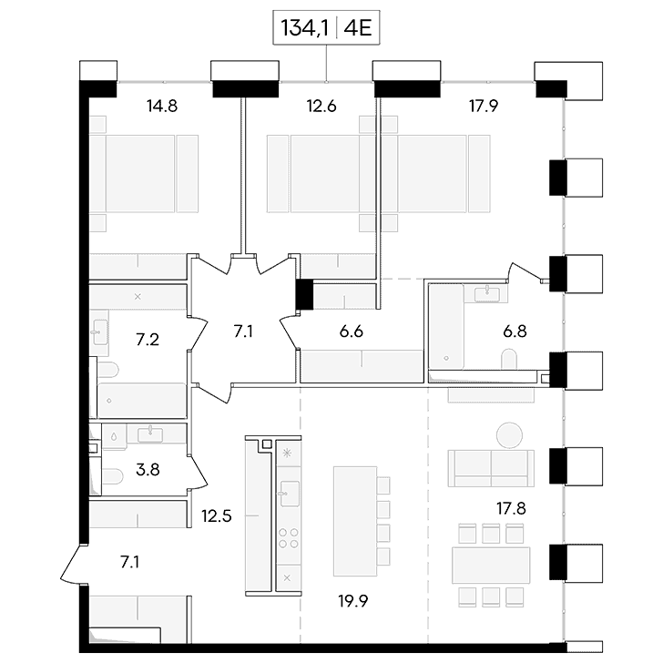 4-комнатная квартира 134.10 кв.м. в Пресненском