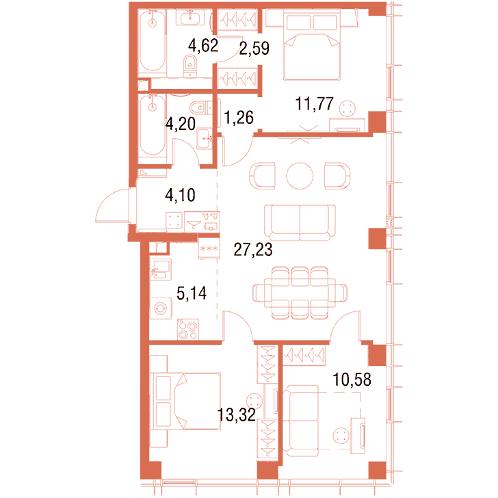 3-комнатная квартира 84.79 кв.м. в Савёловском