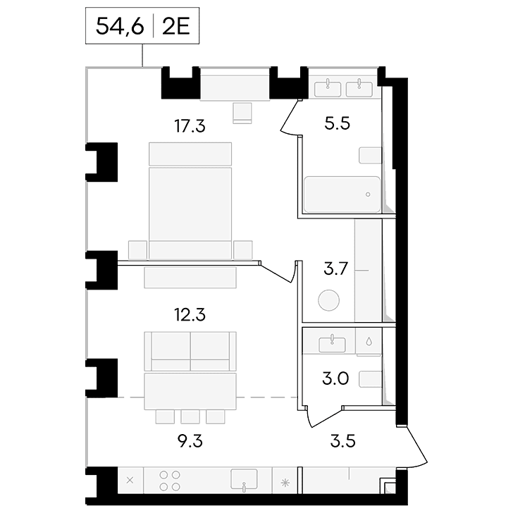 2-комнатная квартира 54.60 кв.м. в Пресненском