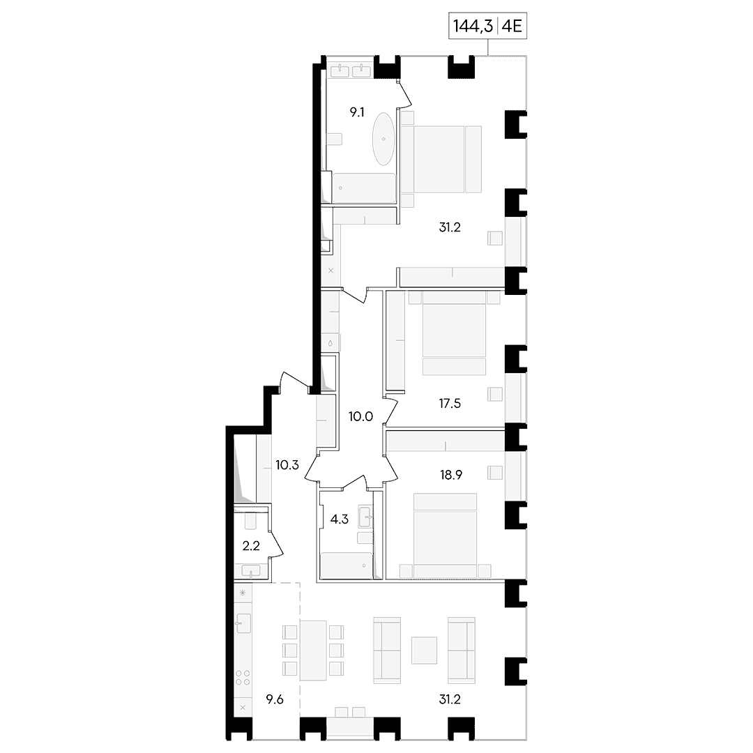 4-комнатная квартира 144.30 кв.м. в Пресненском