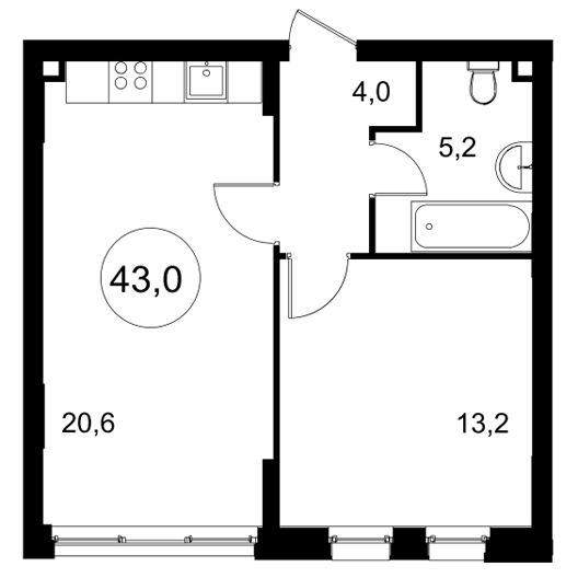 1-комнатная квартира 43.00 кв.м. в Можайском