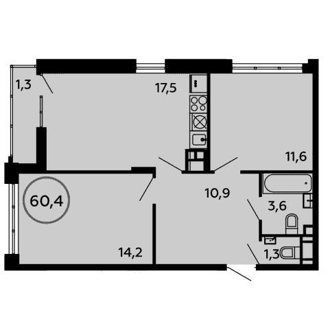 2-комнатная квартира 60.50 кв.м. в Сосенском