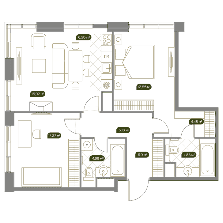 3-комнатная квартира 72.90 кв.м. в Раменках