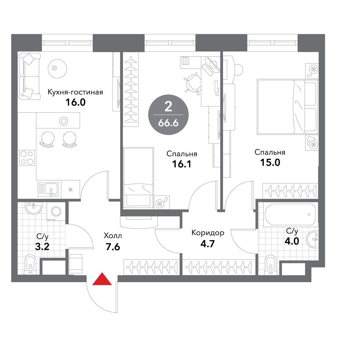 2-комнатная квартира 66.60 кв.м. в Замоскворечье