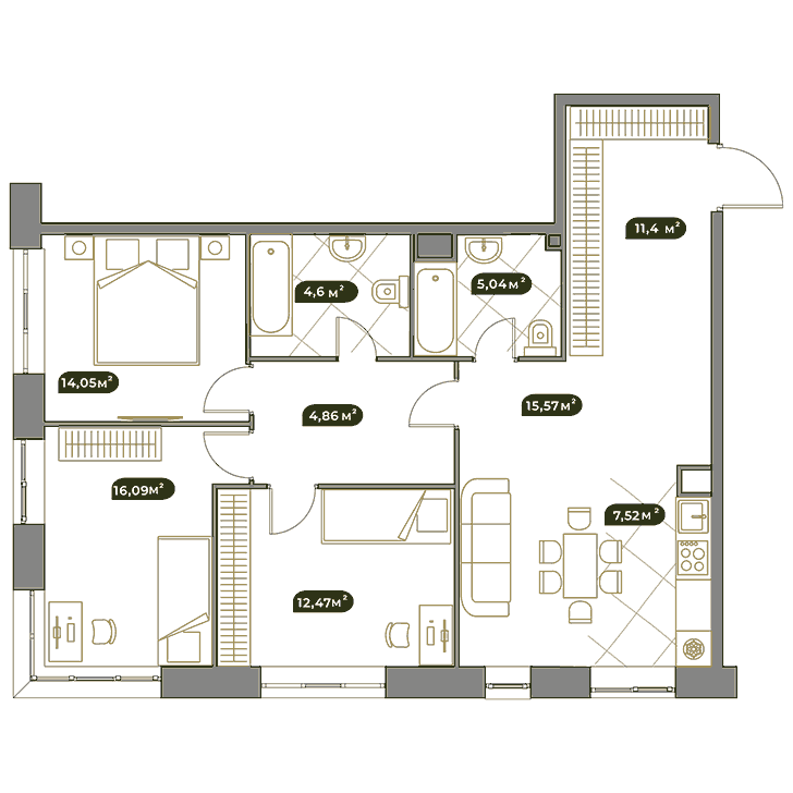 4-комнатная квартира 91.60 кв.м. в Раменках