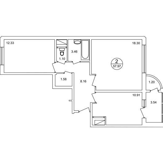 2-комнатная квартира 58.20 кв.м. в Московском