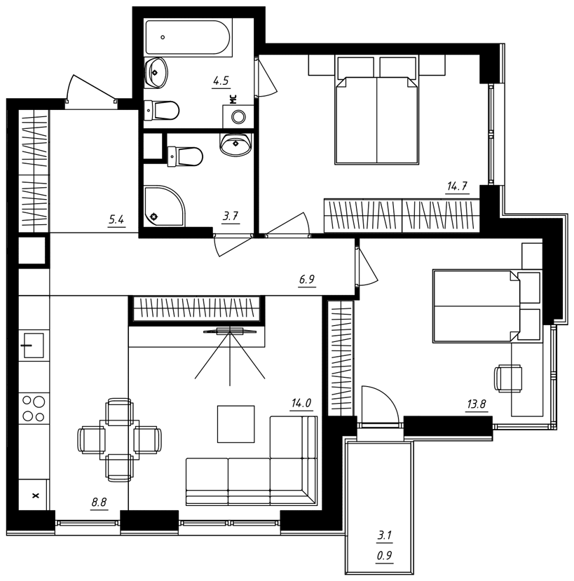 3-комнатная квартира 73.00 кв.м. в Десеновском