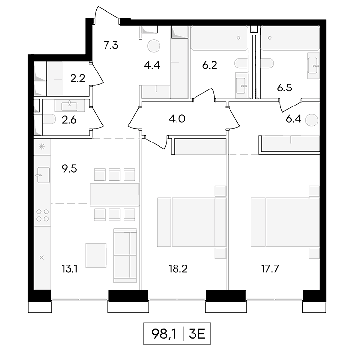 3-комнатная квартира 98.10 кв.м. в Пресненском