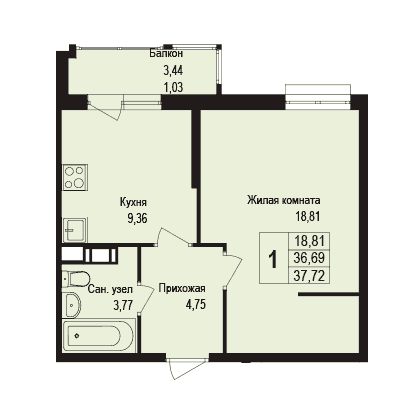 1-комнатная студия 28.50 кв.м. в Борисовке