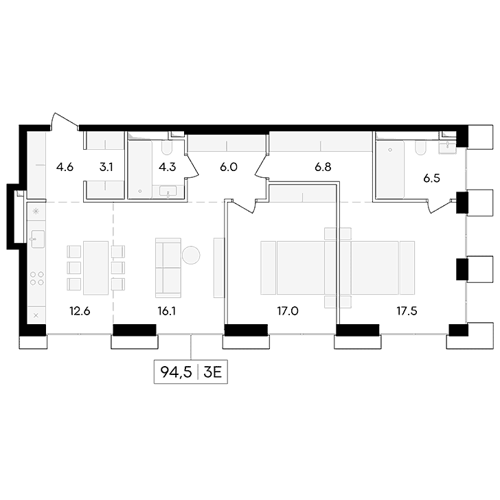 3-комнатная квартира 94.50 кв.м. в Пресненском