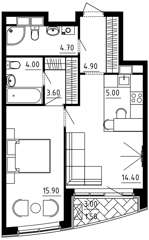 2-комнатная квартира 54.40 кв.м. в Десеновском