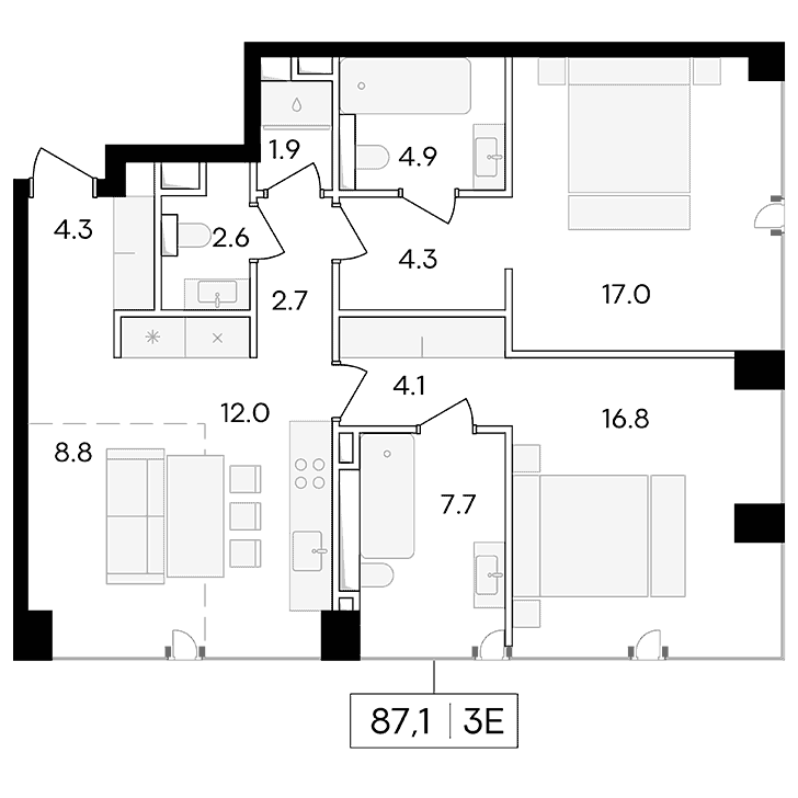 3-комнатная квартира 87.10 кв.м. в Пресненском