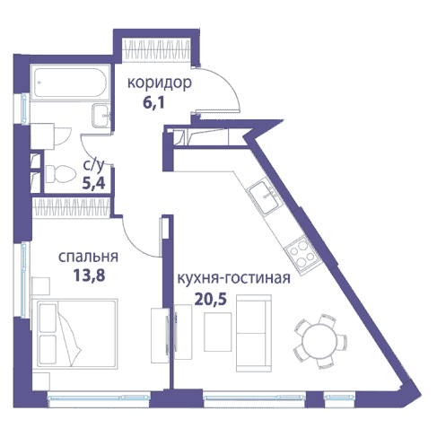 1-комнатная квартира 45.80 кв.м. в Лефортово