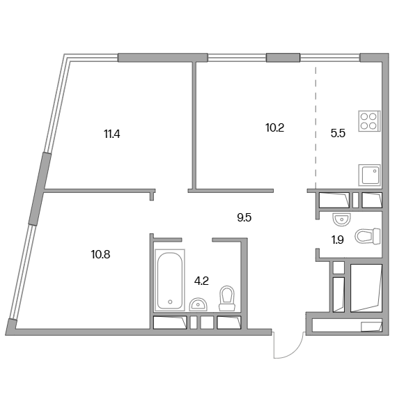 3-комнатная квартира 53.50 кв.м. в Гранитном