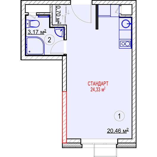 1-комнатная студия 24.33 кв.м. в Алексеевском