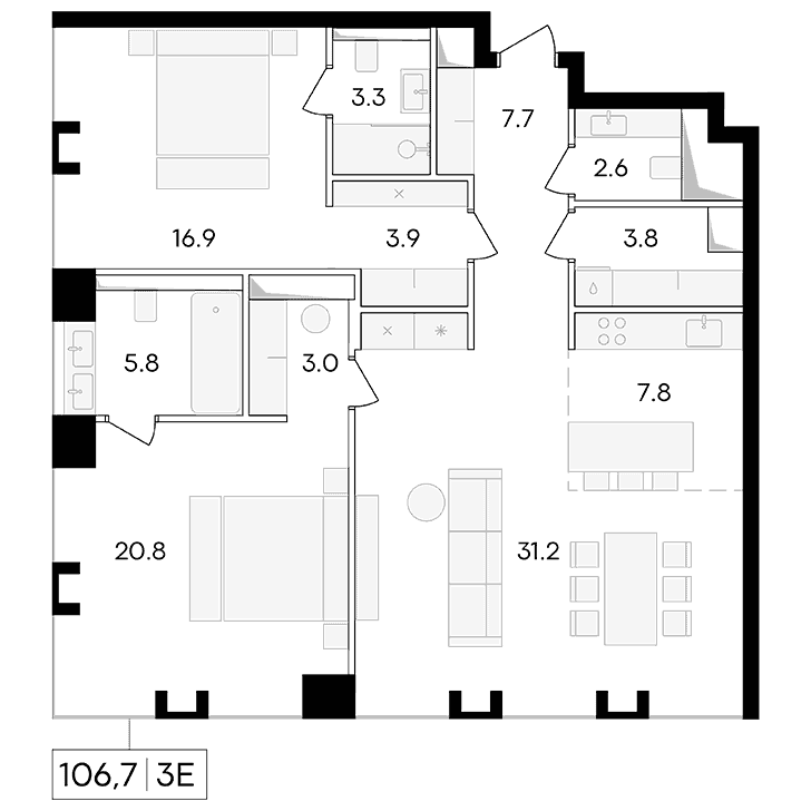 3-комнатная квартира 106.70 кв.м. в Пресненском