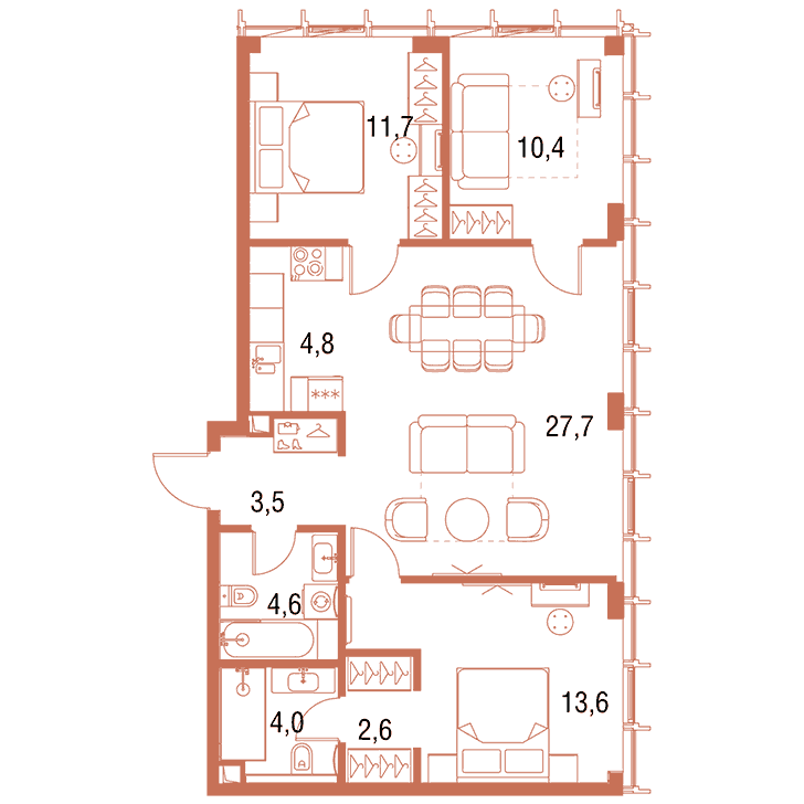 3-комнатная квартира 82.90 кв.м. в Савёловском