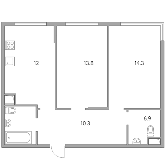 2-комнатная квартира 57.30 кв.м. в Гранитном