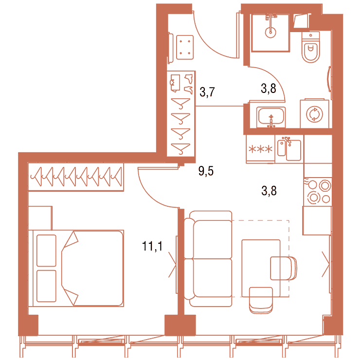 1-комнатная квартира 31.95 кв.м. в Савёловском