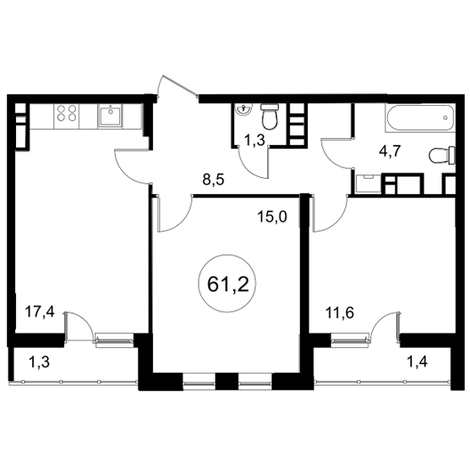 2-комнатная квартира 61.20 кв.м. в Можайском