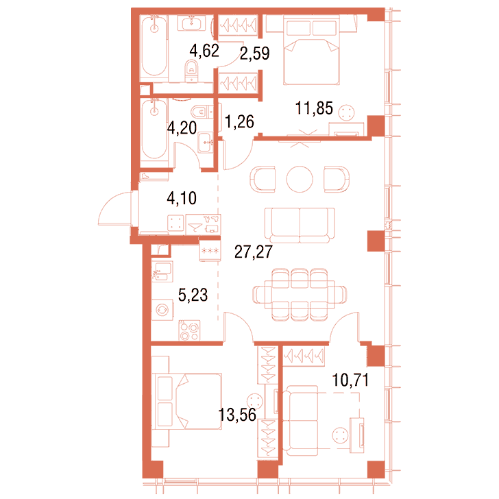 3-комнатная квартира 85.39 кв.м. в Савёловском