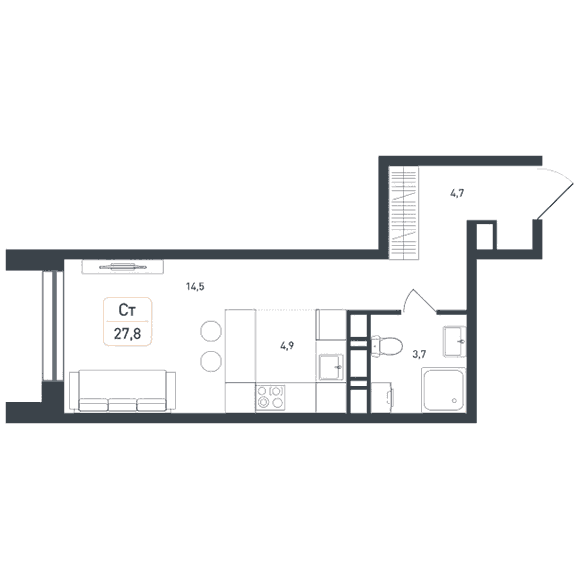 1-комнатная студия 27.80 кв.м. в Борисовке