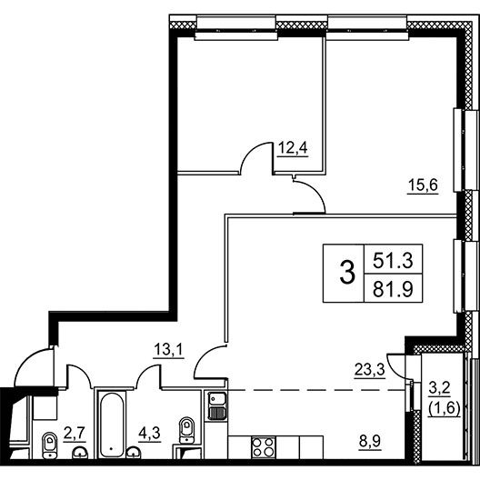 3-комнатная квартира 81.90 кв.м. в Метрогородке