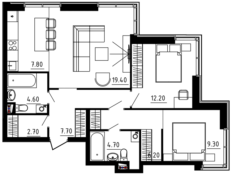 3-комнатная квартира 74.70 кв.м. в Десеновском