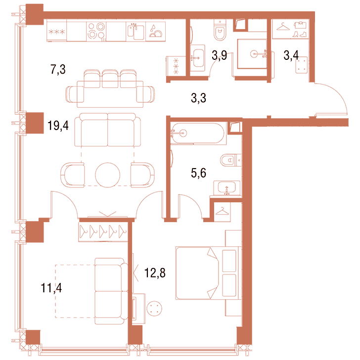 2-комнатная квартира 67.11 кв.м. в Савёловском