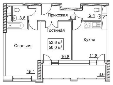 2-комнатная квартира 53.60 кв.м. во Внуковском