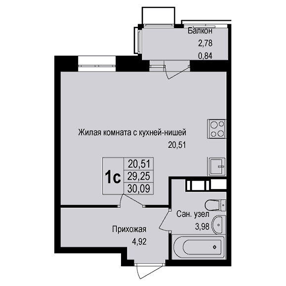 1-комнатная студия 30.30 кв.м. в Борисовке