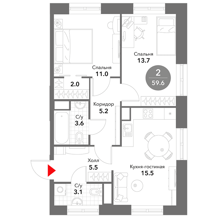 2-комнатная квартира 59.60 кв.м. в Замоскворечье