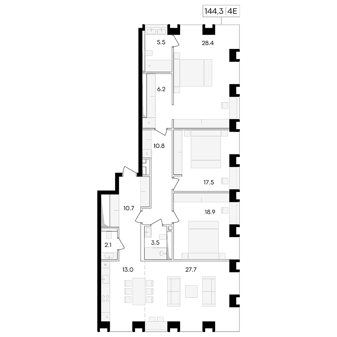 4-комнатная квартира 144.30 кв.м. в Пресненском