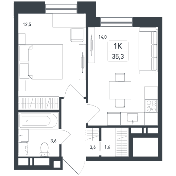 1-комнатная квартира 35.30 кв.м. в Борисовке