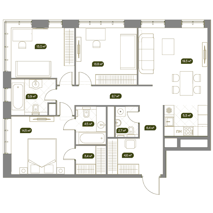 3-комнатная квартира 102.20 кв.м. в Раменках