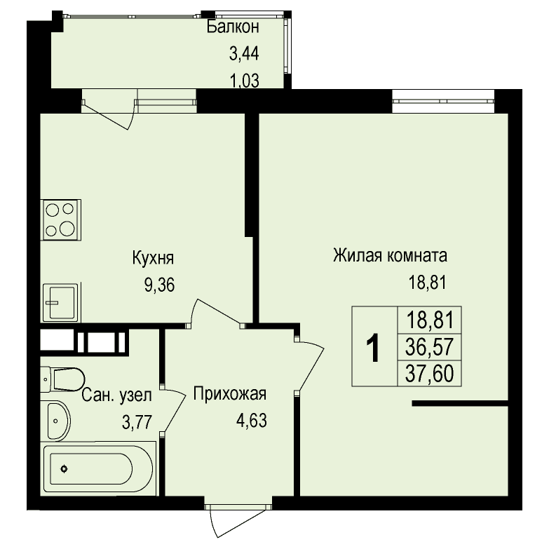 1-комнатная студия 28.60 кв.м. в Борисовке