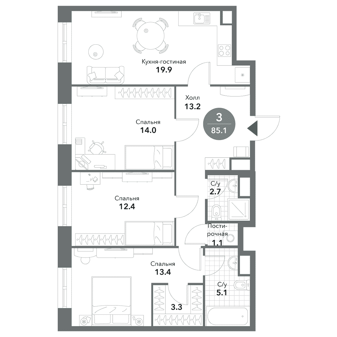 3-комнатная квартира 85.10 кв.м. в Замоскворечье