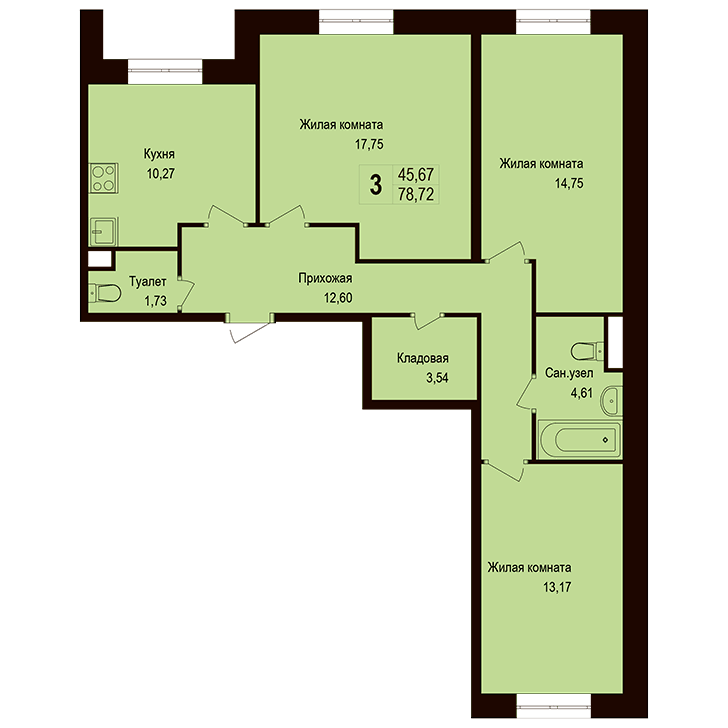 3-комнатная квартира 78.50 кв.м. в Борисовке