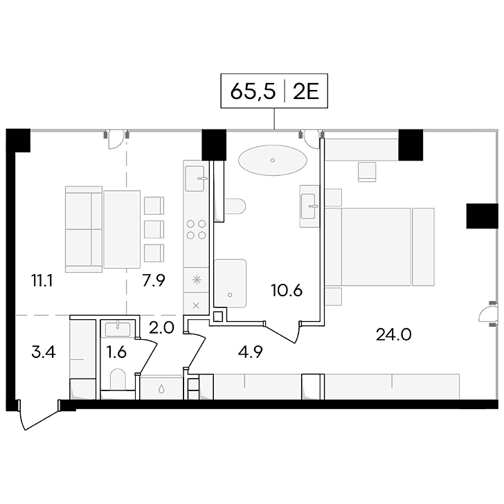 2-комнатная квартира 65.50 кв.м. в Пресненском