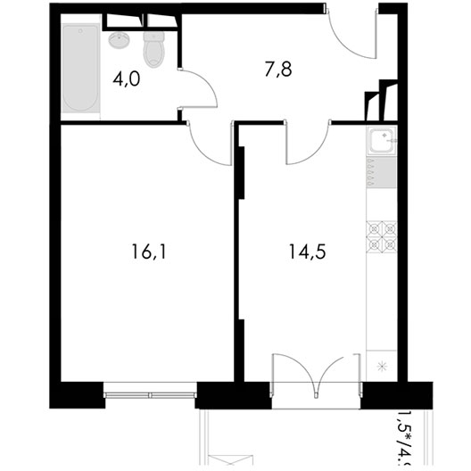 1-комнатная квартира 43.90 кв.м. в Котельниках