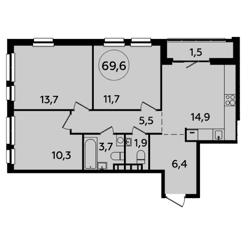3-комнатная квартира 69.60 кв.м. в Южном Бутово