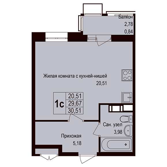 1-комнатная квартира 30.50 кв.м. в Борисовке