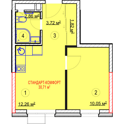 1-комнатная квартира 30.71 кв.м. в Алексеевском