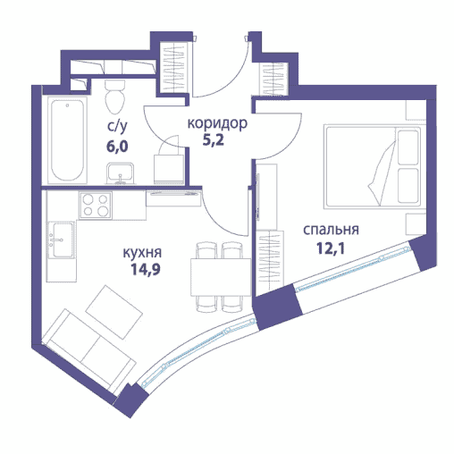 1-комнатная квартира 38.20 кв.м. в Лефортово