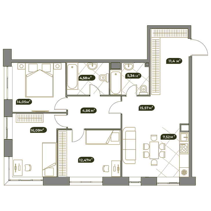 4-комнатная квартира 91.20 кв.м. в Раменках