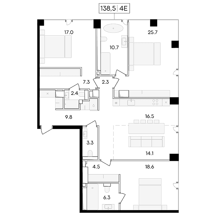 4-комнатная квартира 138.50 кв.м. в Пресненском