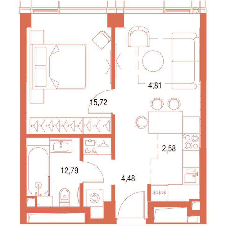 1-комнатная квартира 40.38 кв.м. в Савёловском