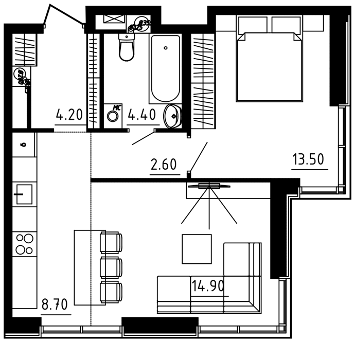 2-комнатная квартира 48.50 кв.м. в Десеновском