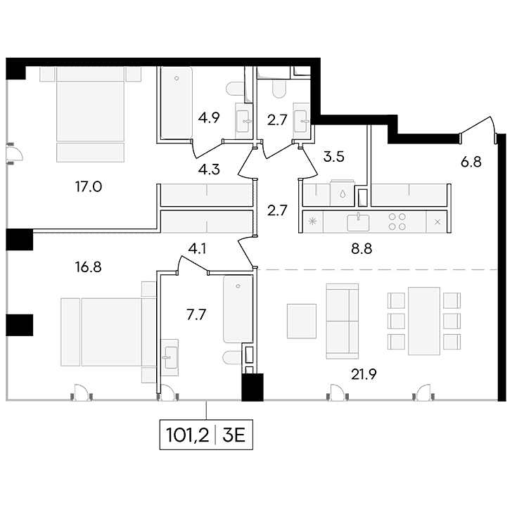 3-комнатная квартира 101.20 кв.м. в Пресненском