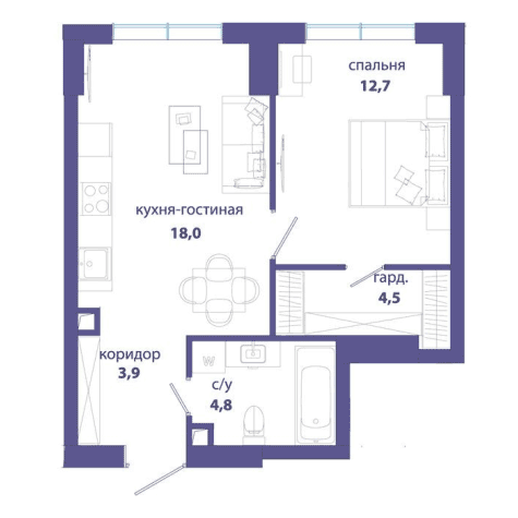 1-комнатная квартира 43.90 кв.м. в Раменках